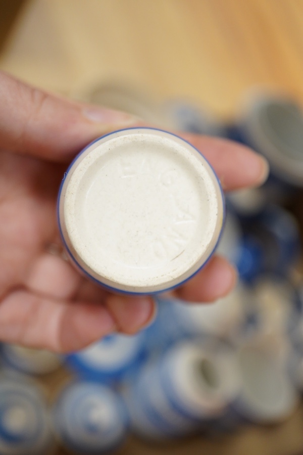 A large collection of Cornishware, cheese dome, butter, sugar, dishes etc